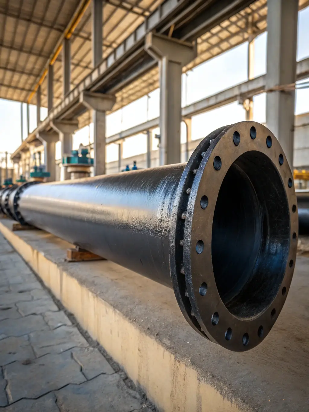 A close-up image of interconnected steel pipelines running across an industrial site, with safety signage and clean surroundings, illustrating advanced logistics and pipeline management.