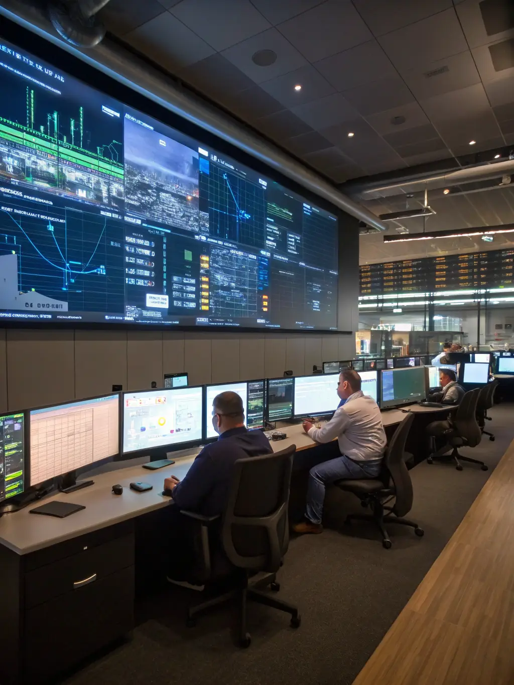 A modern control room with digital screens, safety equipment, and operators monitoring logistics, symbolizing Hartree Cushing's commitment to integrated supply chain solutions.