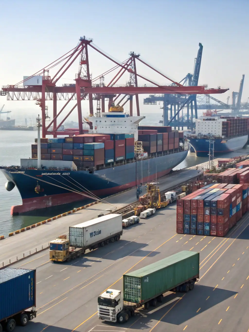 A panoramic view of a bustling port with cargo ships, cranes, and Hartree Cushing branded containers, highlighting maritime logistics and port operations.
