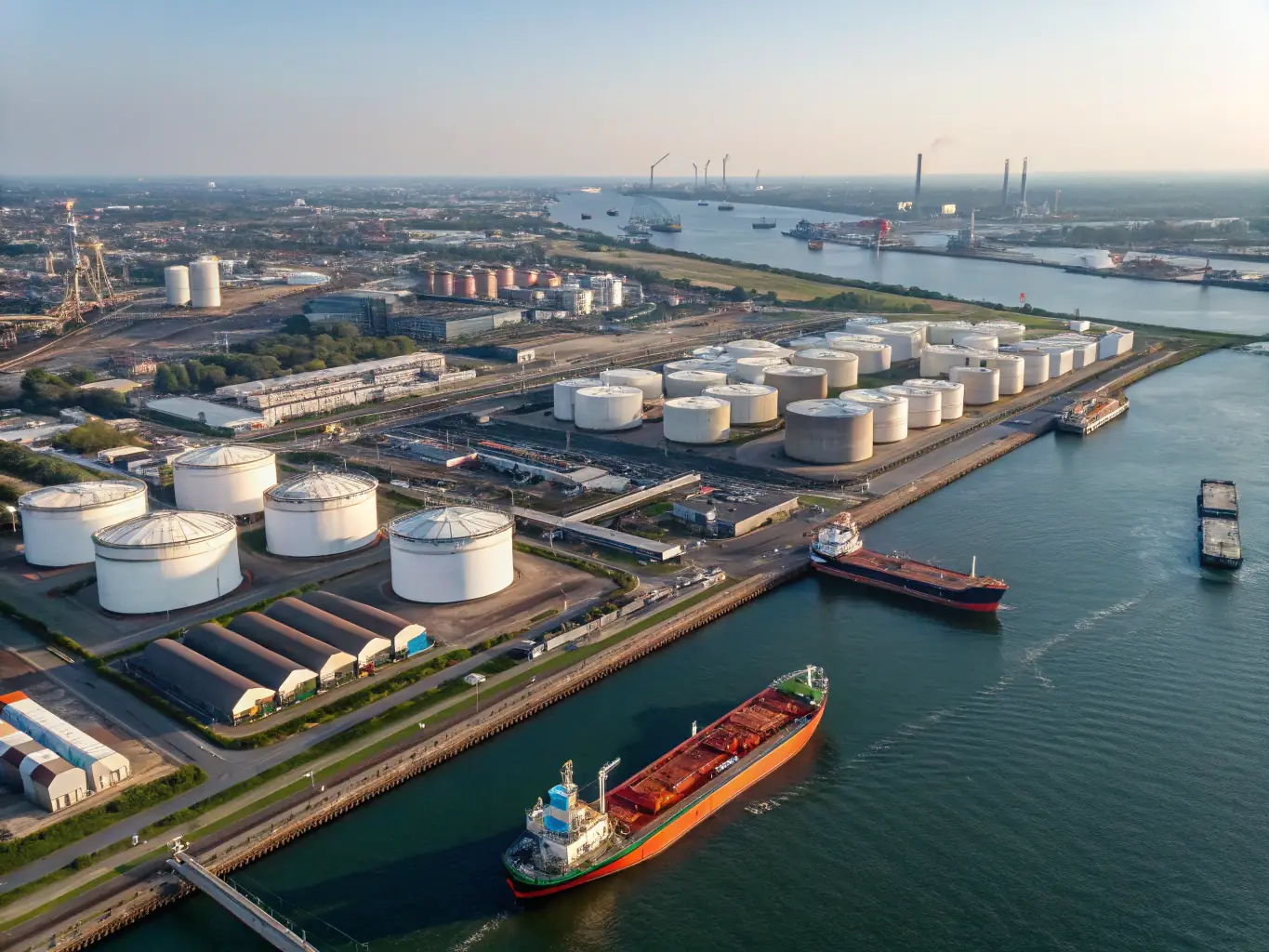 A detailed image of the Rotterdam terminal, displaying interconnected storage tanks, rail lines, and inland waterway access, set against the industrial landscape of Europe’s largest port, underscoring multi-client storage and integrated infrastructure.