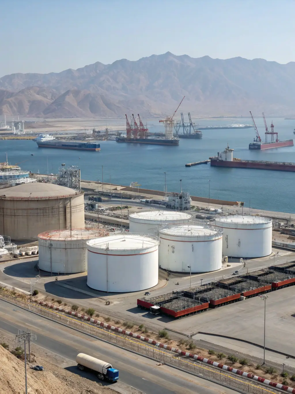 A high-resolution aerial photograph of Hartree Cushing's massive white storage tanks clustered at a coastal terminal, with ships docked nearby and blue ocean in the background, used to visually represent the company's energy storage infrastructure.