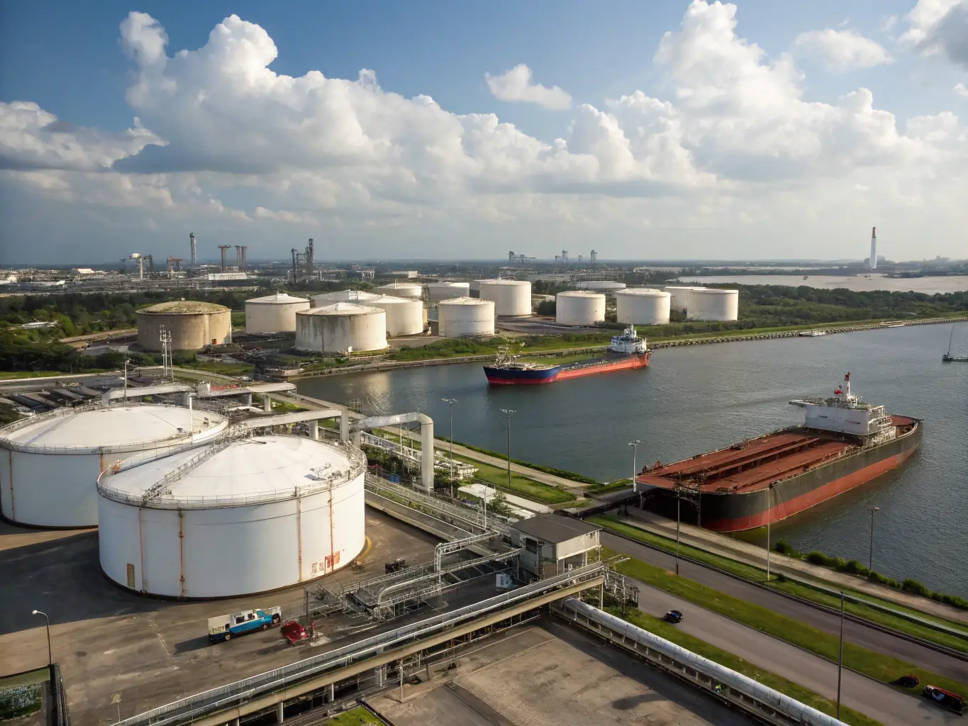 A panoramic view of the Houston terminal, showing expansive tank farms, pipeline connections, and marine berths along the US Gulf Coast, highlighting large-scale crude and chemical storage within the petrochemical corridor.